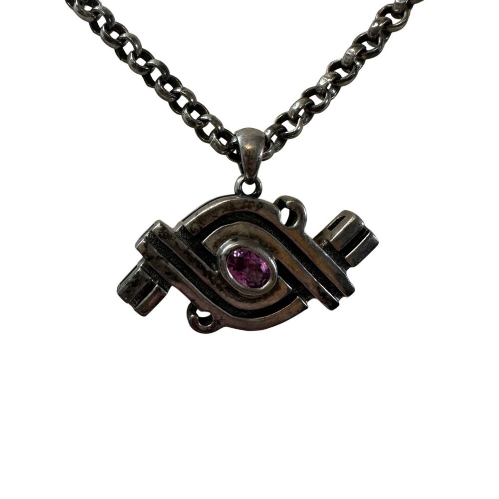 Ross Simons Sterling Silver Modernist Statement Pendant Necklace Purple Gem 25g